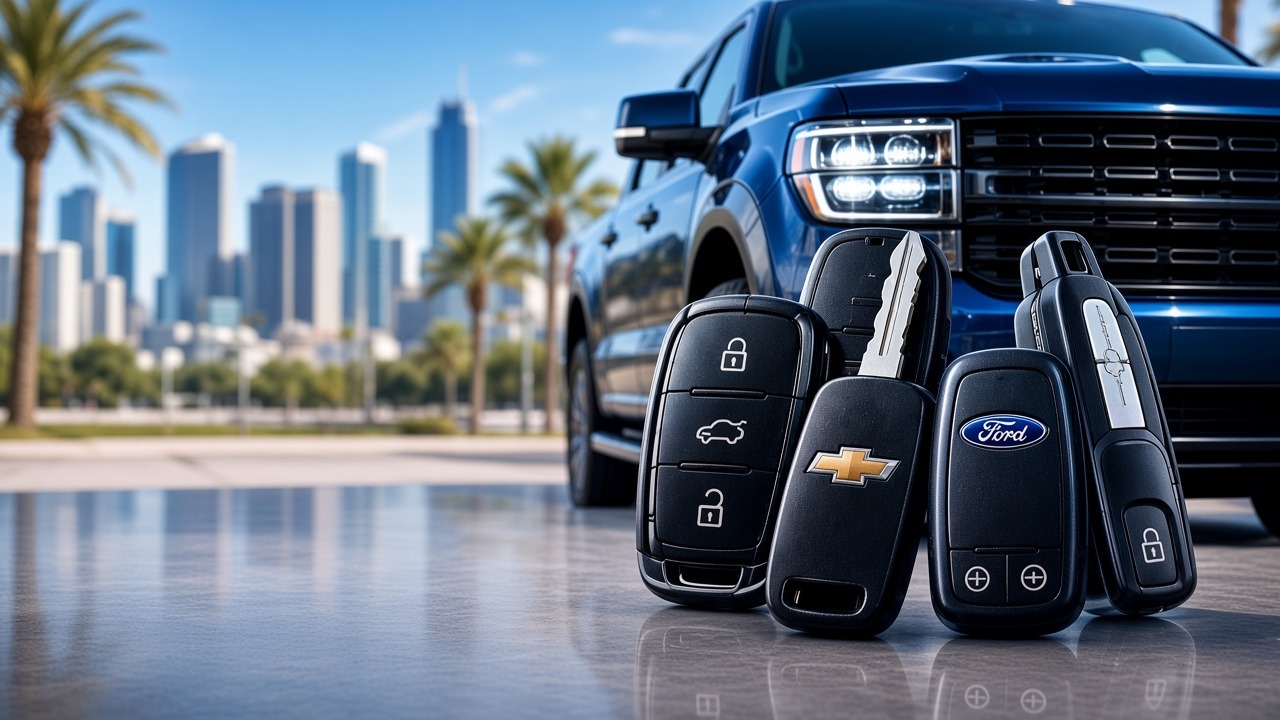 Automotive keys and blue pickup truck